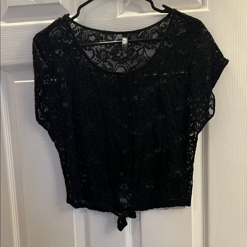 Full Tilt Black Lace Button-Up Blouse